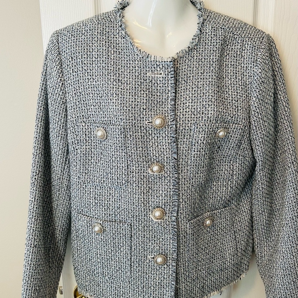 Suzy Shier Blue/White/Black/Silver Blazer Structured Tweed